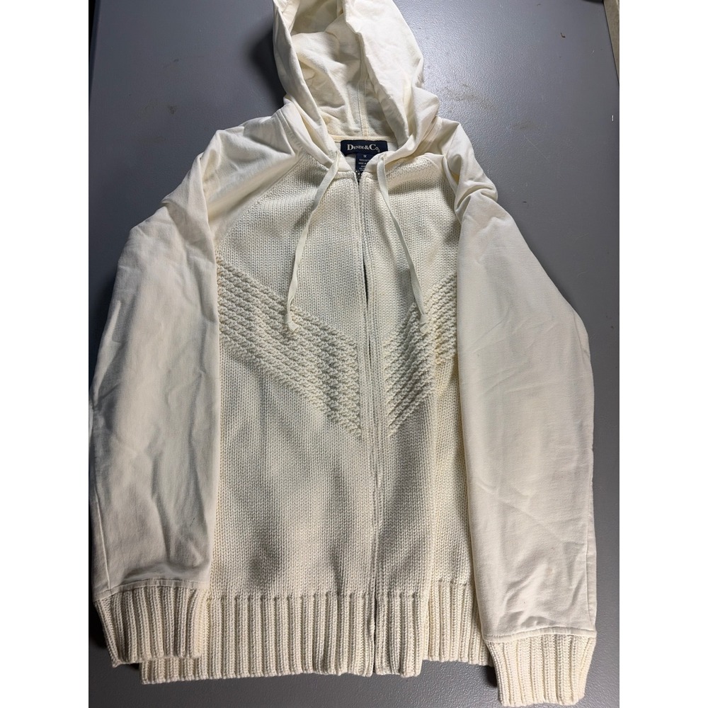 Denim & Co. Zip Up Hoodie Womens 1X Cream 100% Cotton Mixed Media Knit Sweater